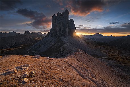 Sunset in the Tre Cime di Lavaredo, dolomites, Italy, Europe