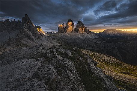 Sunset in the Tre Cime di Lavaredo and Paterno mount, dolomites, Italy, Europe
