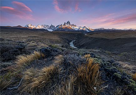Steppe landscape with Mount Fitz Roy also called Cerro Chalten behind at sunrise, El Chaltén, Patagonia, Argentina