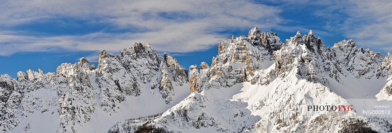 Snow covered Mount Cridola and Monfalconi di Forni in winter