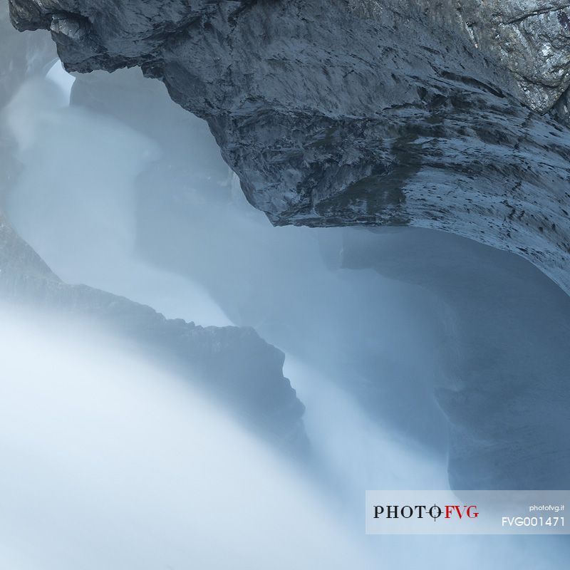 Detail of Trummelbach waterfalls formed by melting waters of Jungfrau glacier, Lauterbrunnen valley, Switzerland, Europe