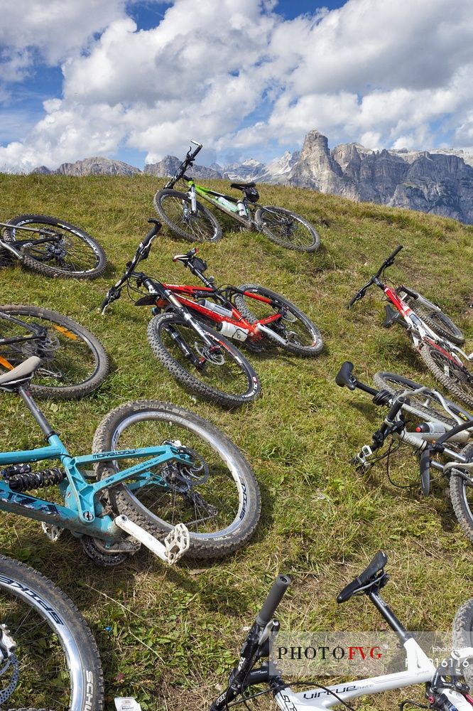 Mountain Bikes near Pralongi hut, South Tyrol, Dolomites, Italy