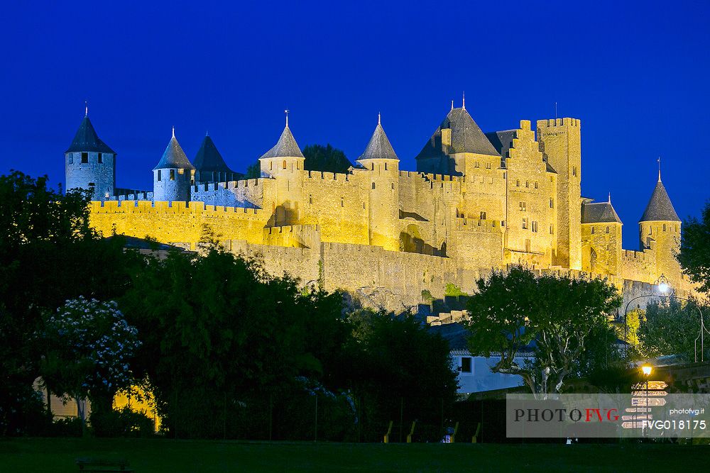 The mediavel ancient city of Carcassonne at night time