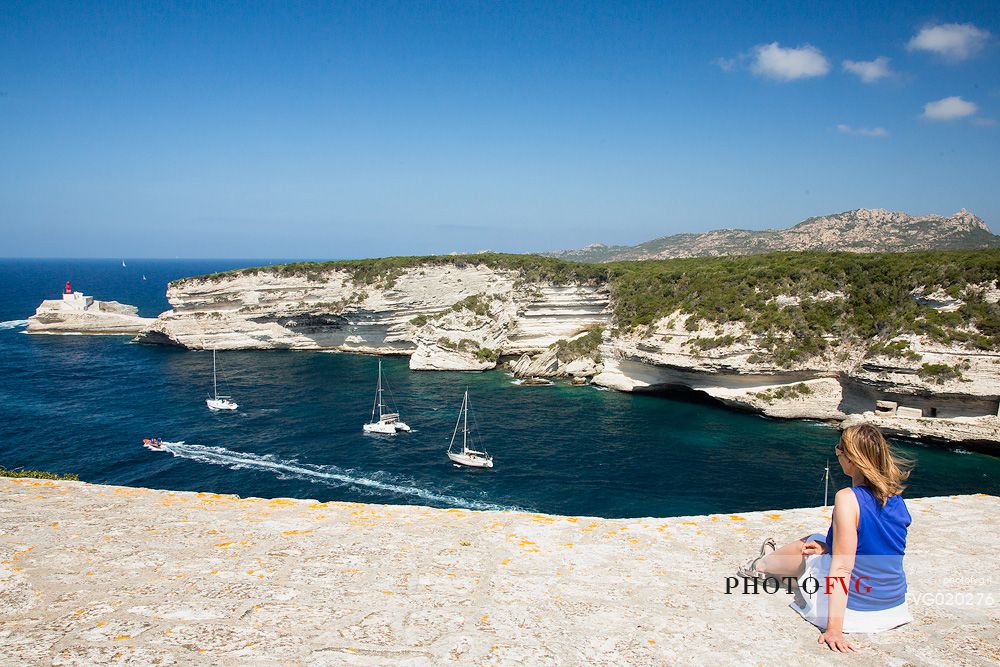 The entrance to the port of Bonifacio with the lighthouse of Madonnetta 
 from the ancient walls of the village