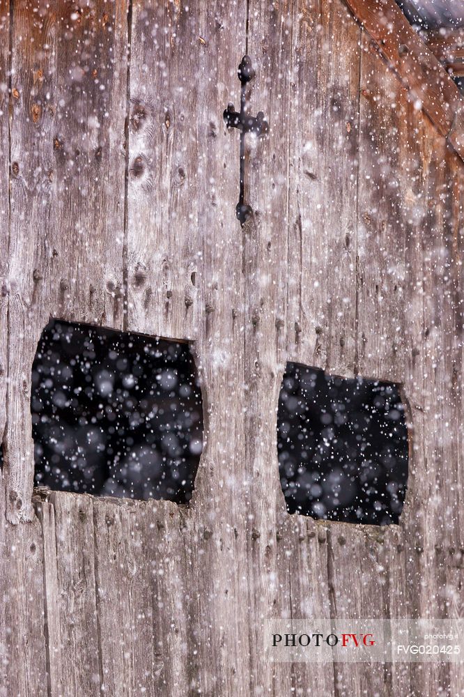 Under a snowfall a typical wooden building in alpine village of Sauris di Sotto