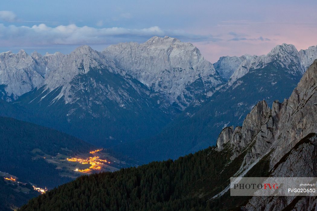 Twilight on Comelico valley from the refuge Berti, dolomites, Italy