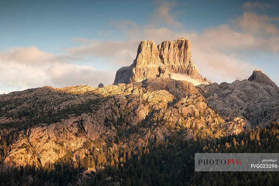 Sunset on Averau peak from Valparola Pass, Dolomites, Italy 