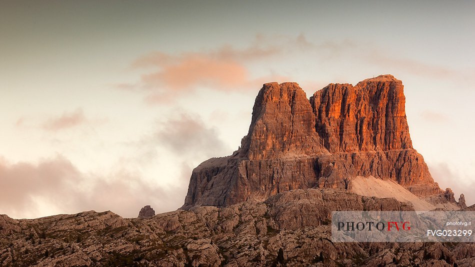 Sunset on Averau peak from Valparola Pass, Dolomites, Italy 