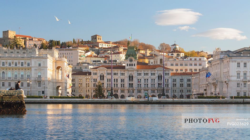 Piazza Unit d'Italia and the Molo Audace, view from the sea of Trieste, Italy