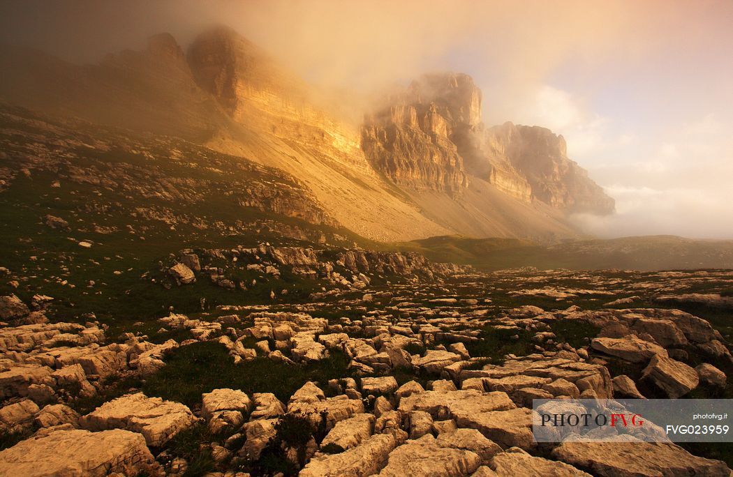 Sunrise to dolomites of Brenta from Grost pass, Trentino, Italy