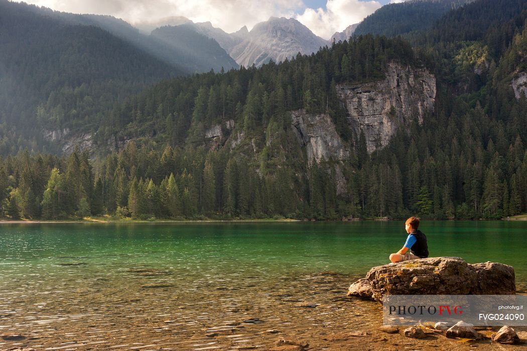 Boy looking Tovel lake and the Brenta's dolomites, Val di Non, Trentino, Italy