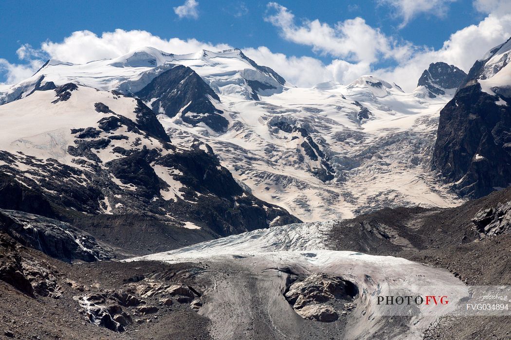 Morteratsch Glacier in Val Morteratsch with Bernina mountain group, Pontresina, Engadin, Grisons, Switzerland, Europe
 