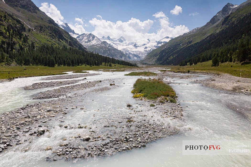 Glacial stream Roseg valley, in the background the glacier and the Piz Roseg in the Bernina mountain group, Pontresina, Engadine, Canton of Grisons, Switzerland, Europe