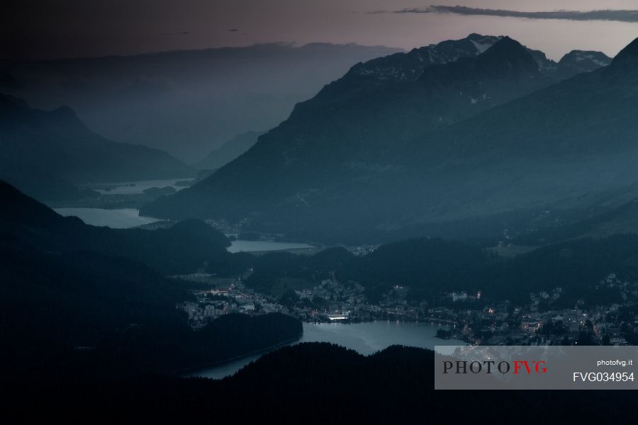 View from Muottas Muragl of St. Moritz with Upper Engadin Lakes, Engadin, Canton of Grisons, Switzerland, Europa