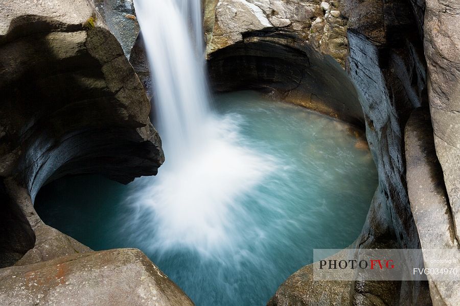 View from above of waterfall in the Cavaglia Glacial Garden also referred to as Giants Pots, Cavaglia, Poschiavo valley, Engadin, Canton of Grisons, Switzerland, Europe