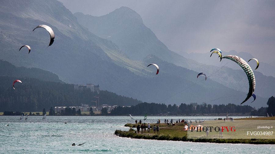 Kitesurfing in the Saint Moritz lake, Saint Moritz, Engadine, Canton of Grisons, Switzerland, Europe