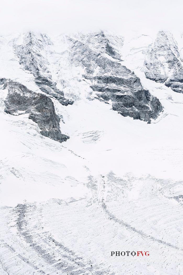 Detail of  Bernina mountain range with Morteratsch glacier after a snowfall, Diavolezza hut, Pontresina, Engadin, Canton of Grisons, Switzerland, Europe