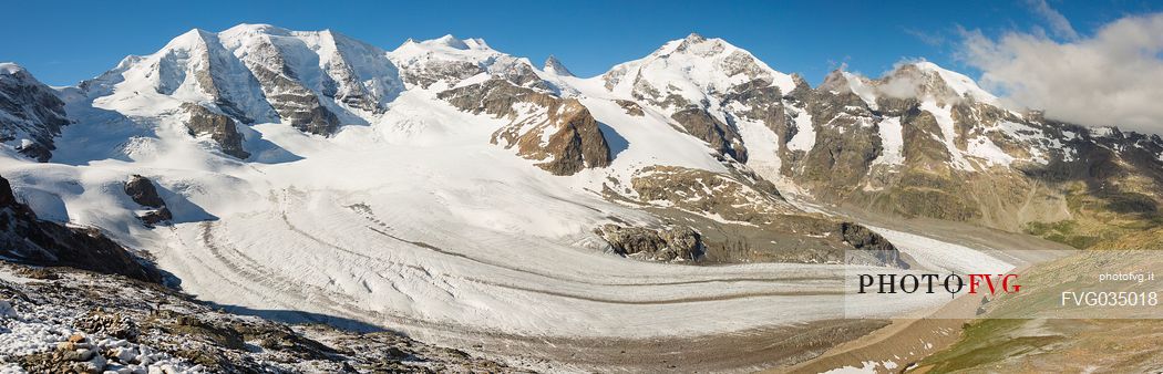 Panoramic view of Bernina mountain range with Morteratsch and Pers glaciers from Diavolezza, Engadin, Canton of Grisons, Switzerland, Europe
