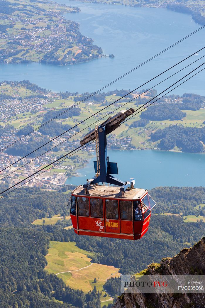 View from Pilatus Mountain of the Aerial Cableway from Lucerne, in the background the Lucerne lake, Border Area between the Cantons of Lucerne, Nidwalden and Obwalden, Switzerland, Europe