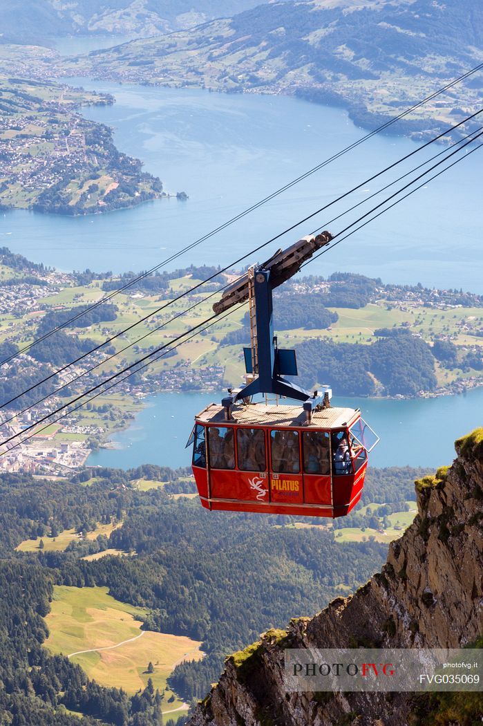 View from Pilatus Mountain of the Aerial Cableway from Lucerne, in the background the Lucerne lake, Border Area between the Cantons of Lucerne, Nidwalden and Obwalden