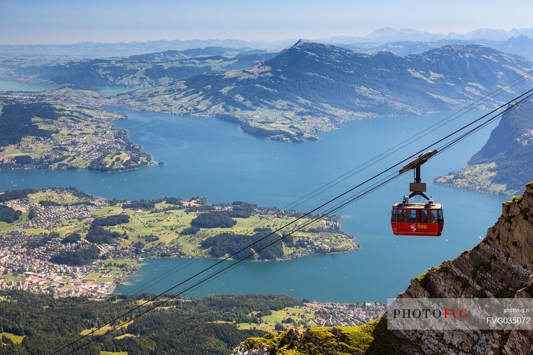 View from Pilatus Mountain of the Aerial Cableway from Lucerne, in the background the Lucerne lake, Border Area between the Cantons of Lucerne, Nidwalden and Obwalden