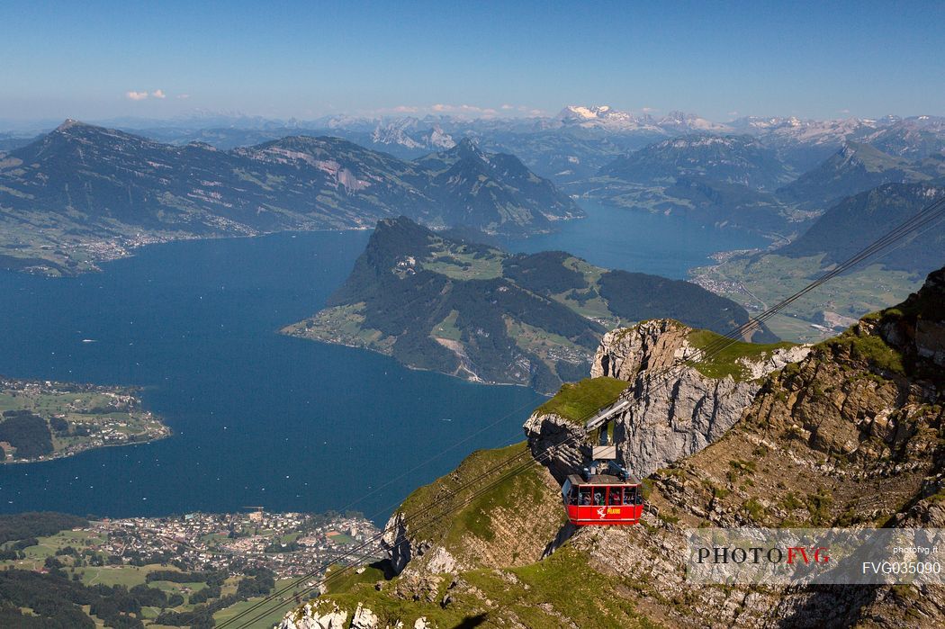 View from Pilatus Mountain of the Aerial Cableway from Lucerne, in the background the Lucerne lake, Border Area between the Cantons of Lucerne, Nidwalden and Obwalden