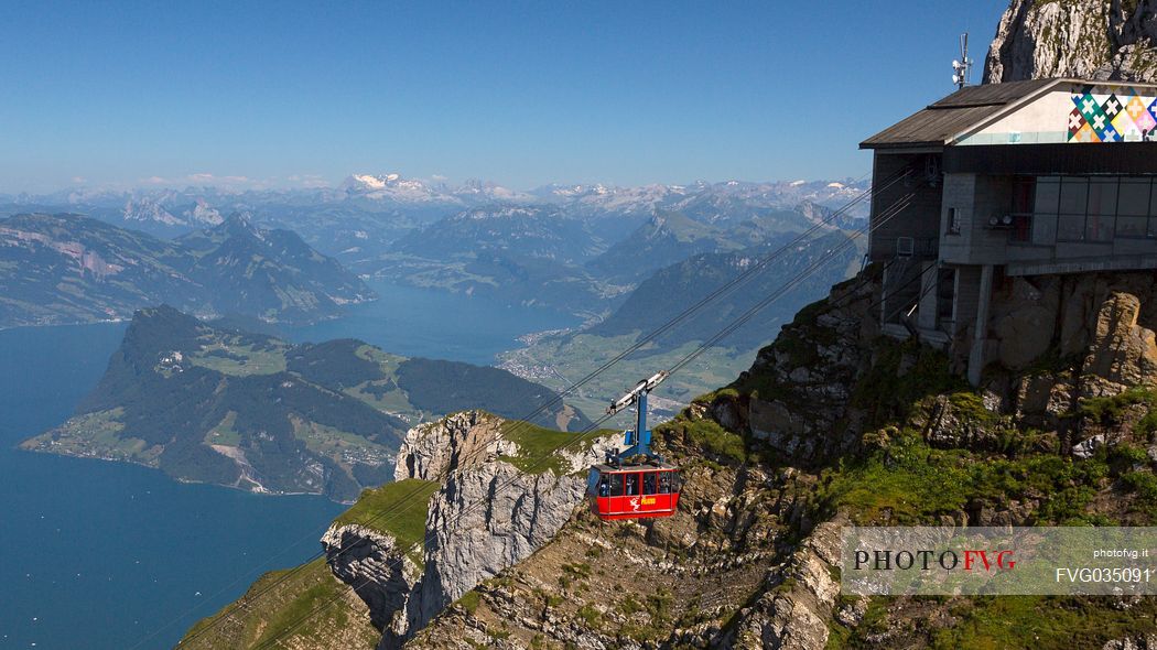 The Aerial Cableway from Lucerne arriving at the summit station of Pilatus mountain,  in the background the Lucerne lake, Border Area between the Cantons of Lucerne, Nidwalden and Obwalden