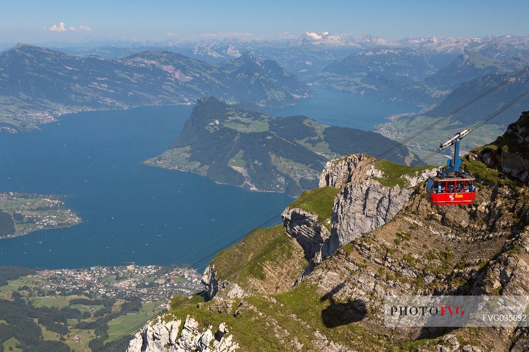 View from Pilatus Mountain of the Aerial Cableway from Lucerne, in the background the Lucerne lake, Border Area between the Cantons of Lucerne, Nidwalden and Obwalden