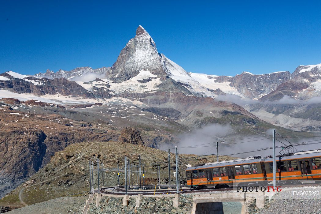 Gornergrat Railway with Matterhorn Mountain or Monte Cervino near Gornergrat summit station, Zermatt, Canton of Valais, Switzerland, Europe