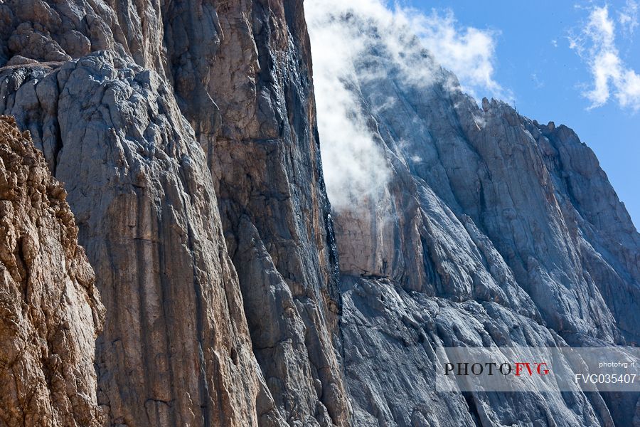 The south rocky wall of Marmolada mount form Passo Ombretta, dolomites, Veneto, Italy, Europe