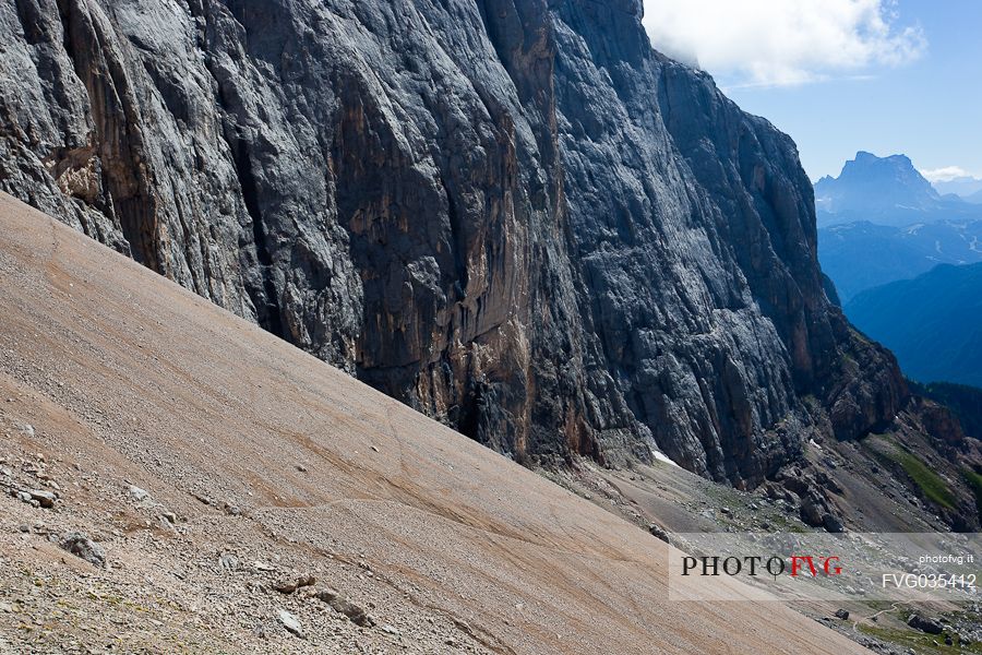 The south wall of Marmolada mount from Ombretta Pass, dolomites, Veneto, Italy, Europe