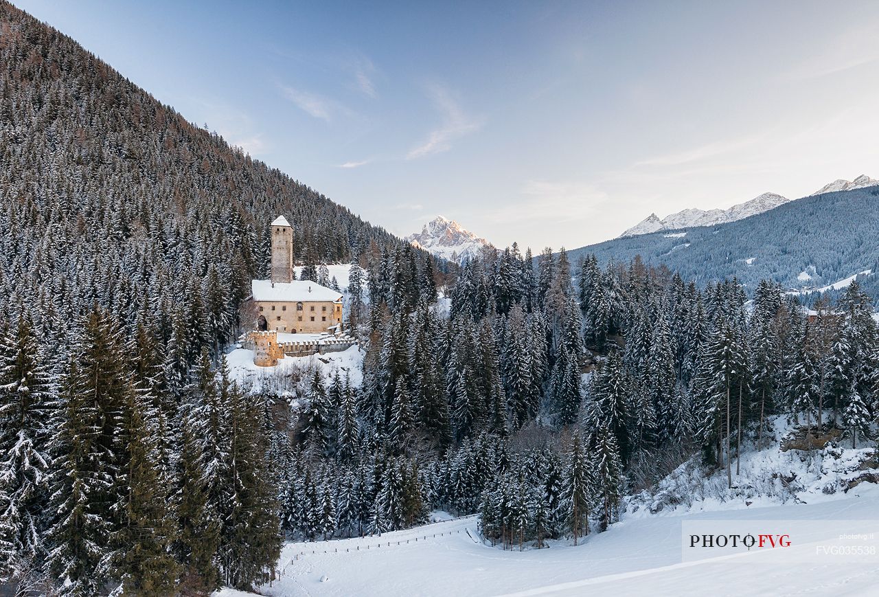 Monguelfo or Welsberg Castle in Casies valley, in the background the Picco di Vallandro mount, Pusteria Valley, South Tyrol, Italy, Europe