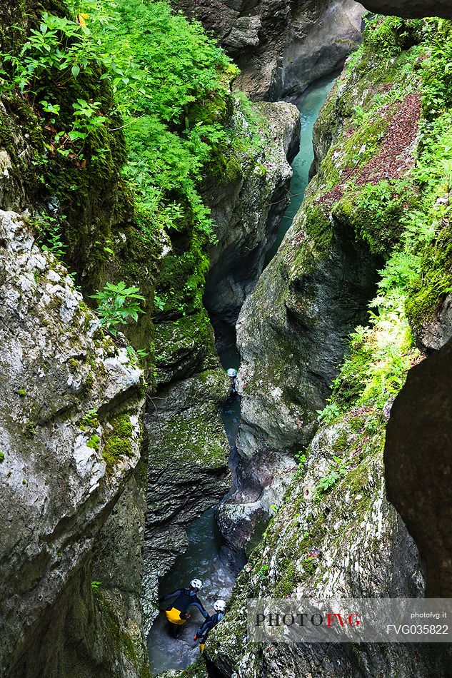 Canyoning in the Cosa river near Pradis Caves, Clauzetto, Alps Carniche, Friuli Venezia Giulia, Italy, Europe