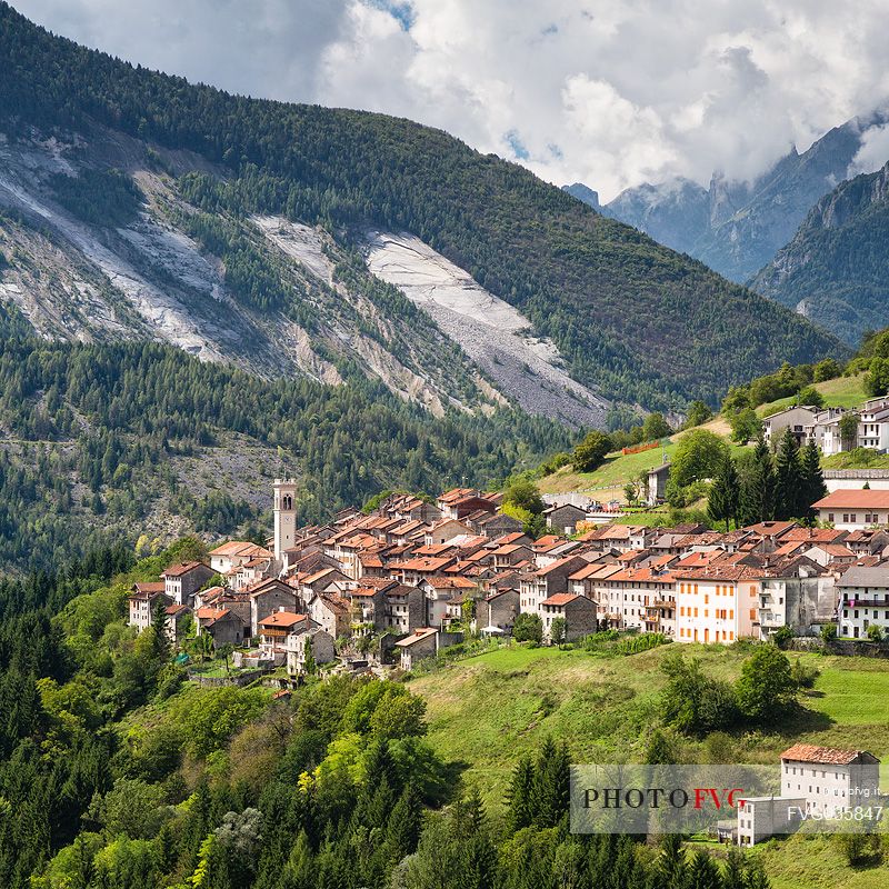 Erto village and the landslide of Toc mount in the background, Vajont dam disaster, Friuli Venezia Giulia, Italy, Europe