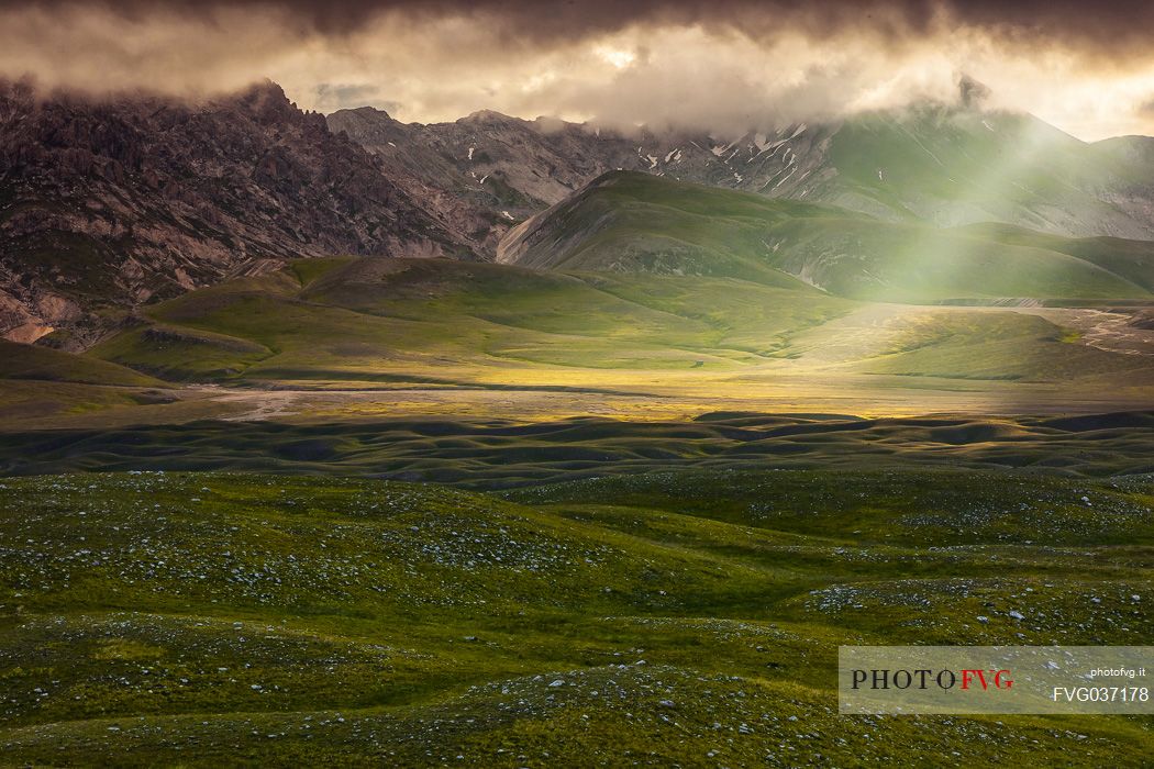 Beautiful light in the thunderstorm over Campo Imperatore, Gran Sasso national park, Abruzzo, Italy, Europe