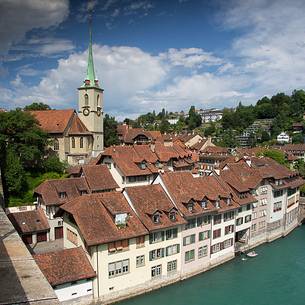 View across river Aare with old town and Nydegg church, Bern, Switzerland, Europe