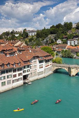 View across river Aare with Untertor bridge and old town, Bern, Switzerland, Europe