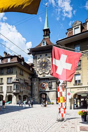 The Clock tower or Zytglogge clock in the Kramgasse street, downtown of Bern, Unesco World Heritage, Switzerland, Europe