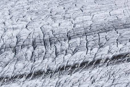 Great Aletsch Glacier glacial tongue with ice crevasses, Eggishorn Bergstation, Fiesch, Canton of Valais, Switzerland, Europe