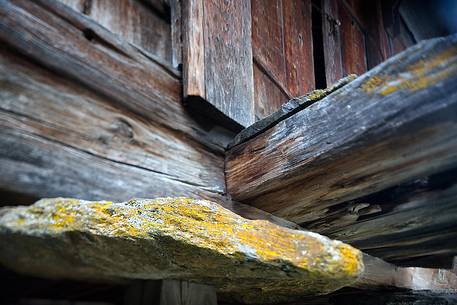 Detail of traditional walser house in Mnster Geschinen village, Fiesh, Canton of Valais, Switzerland, Europe
