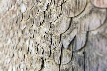 Detail of traditional wooden building in Vals village, Grisons, Switzerland, Europe