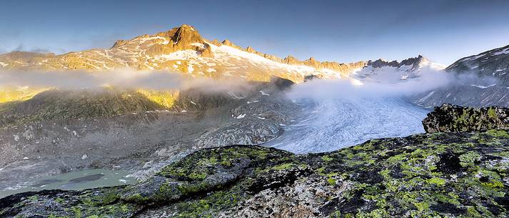 Rhone glacier and melting lake at dawn, Furka pass, Valais, Switzerland, Europe