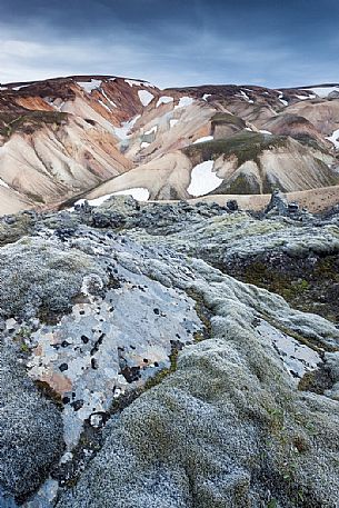 The multicoloured rhyolite mountains in the area of Landmannalaugar at sunset