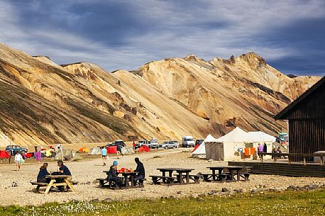 Tents and Refuge in mountain area of Landmannalaugar