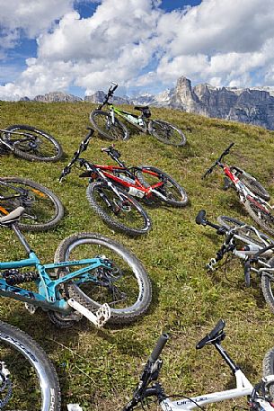Mountain Bikes near Pralongi hut, South Tyrol, Dolomites, Italy