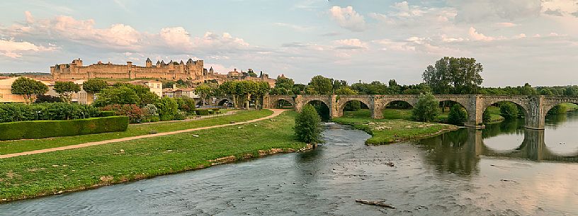 View of the mediavel ancient city of Carcassonne from Aude river