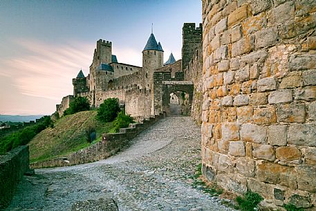 The mediavel ancient city of Carcassonne at sunset