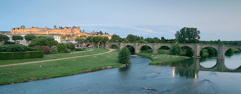 View of the mediavel ancient city of Carcassonne from Aude river