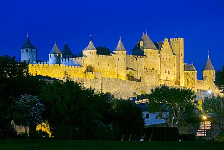 The mediavel ancient city of Carcassonne at night time