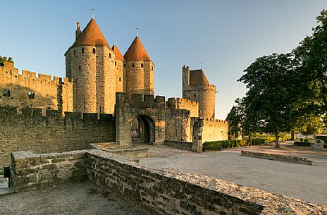 The mediavel ancient city of Carcassonne in warm light of sunrise